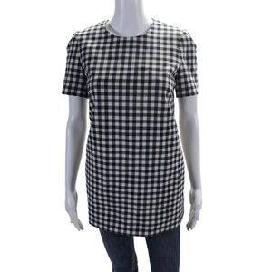 Protagonist Womens Plaid Short Sleeves Blouse Navy Blue White Size Small
